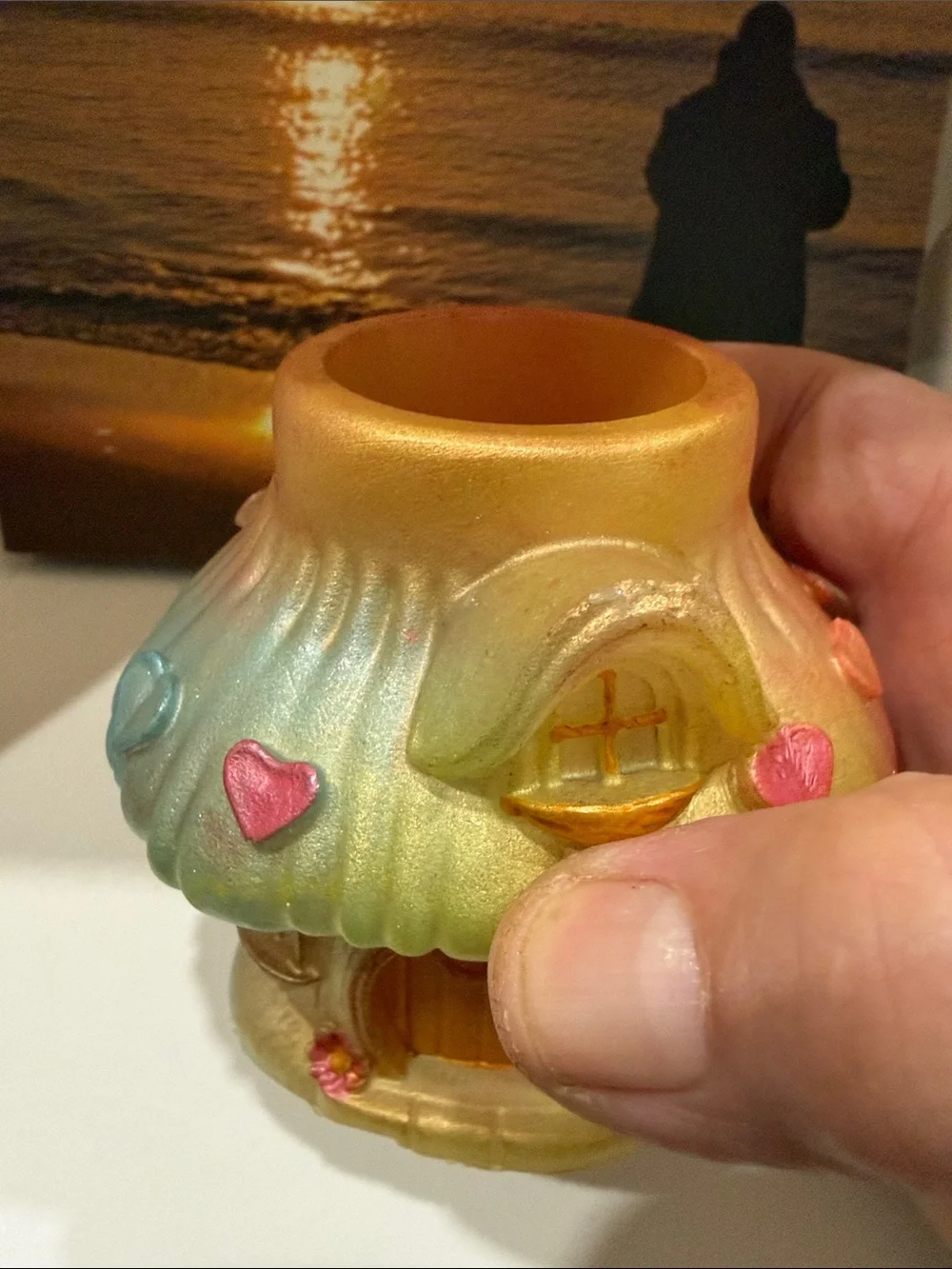 Pastel Resin Gold Mushroom House Vase with Rainbow Accents